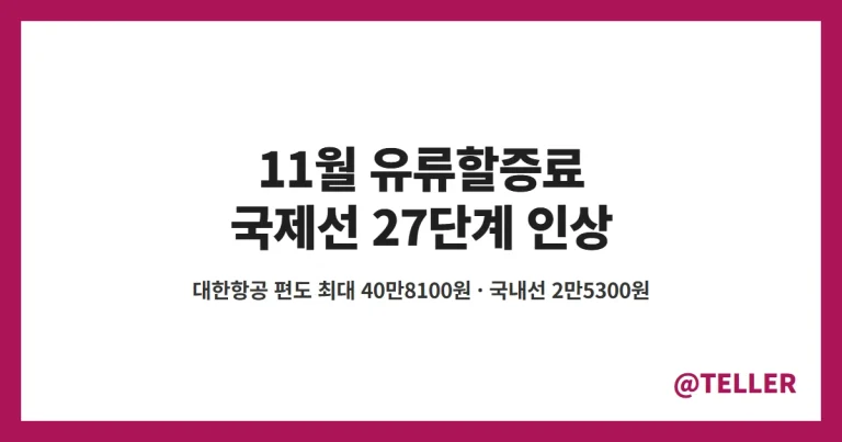 11월 유류할증료 – 국제선 27단계로 3개월 연속 인상, 대한항공·아시아나 노선별 금액·국내선 2만5300원·10월 발권 차이 정리