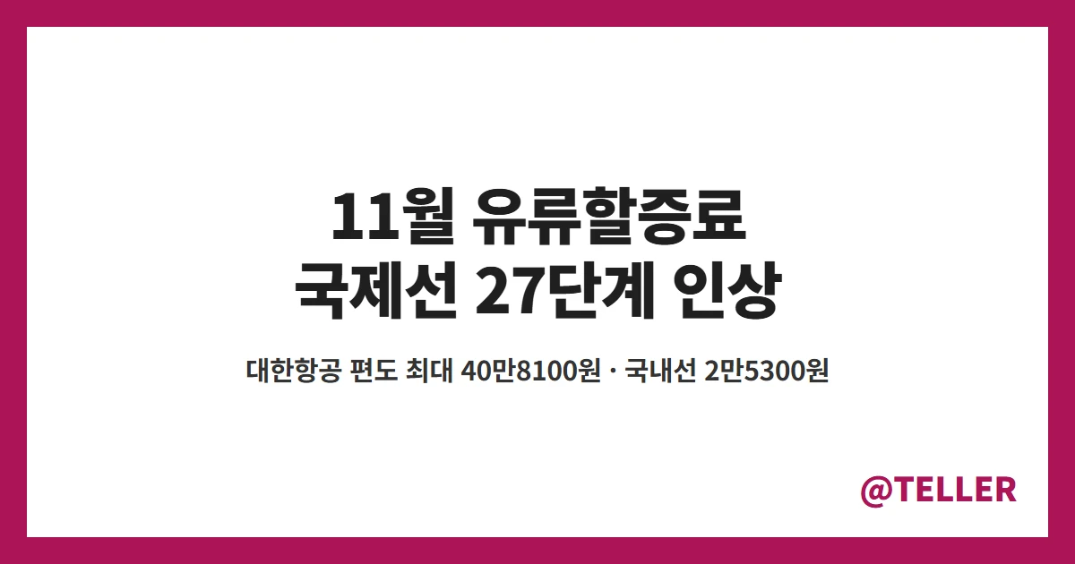11월 유류할증료 국제선 27단계 대한항공 아시아나 노선별 금액