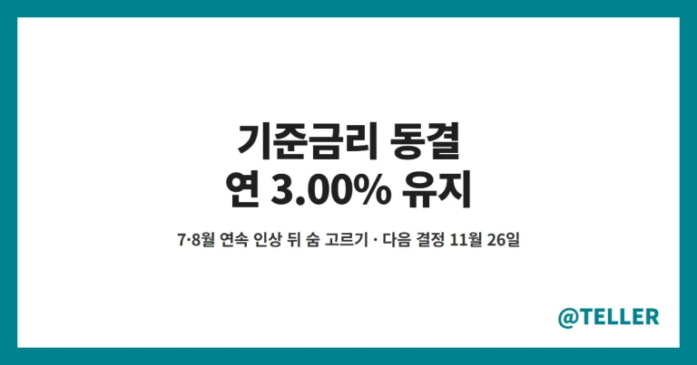 기준금리 동결 – 한은 10월 연 3.00% 유지, 7·8월 연속 인상 뒤 숨 고르기…올해 금리 흐름과 11월 26일 다음 결정 정리