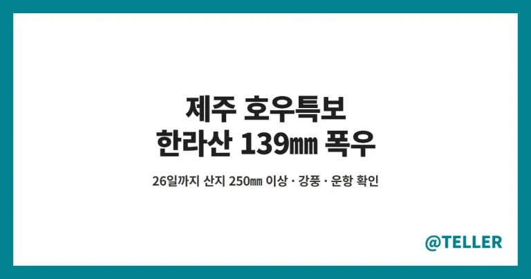 제주 호우특보 – 태풍 참피 영향 한라산 139㎜, 26일까지 산지 250㎜ 이상·강풍…항공편·여객선 운항 확인 정리